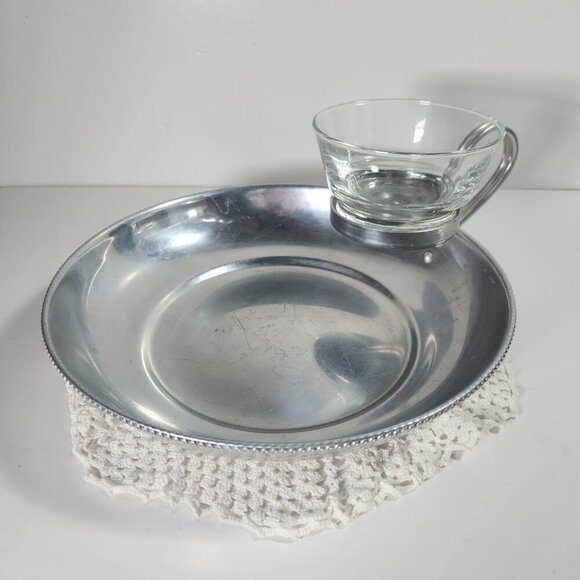 Chip and Dip Dish Beaded Rim Aluminium with Glass Bowl Serving Tray B W Buenilum - Picture 1 of 16